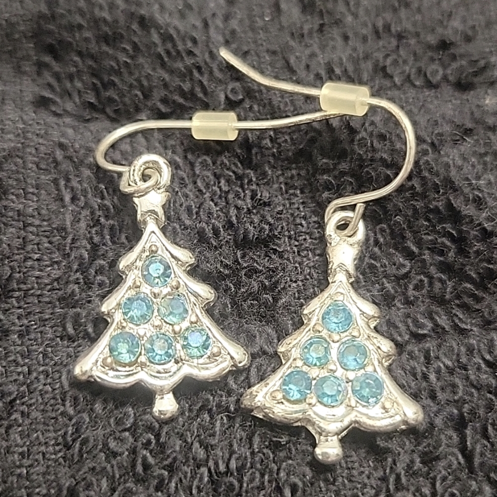 Silver Christmas tree Earrings with light blue crystals